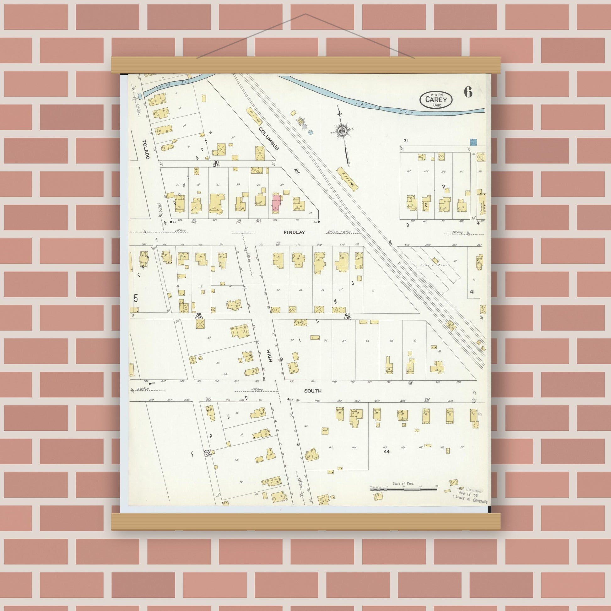 Old map wall art mockup — magnetic wood frame on brick wall — Sanborn Fire Insurance Map from Carey, Wyandot County, Ohio (1916), Sheet #0006