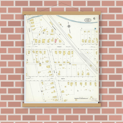 Old map wall art mockup — magnetic wood frame on brick wall — Sanborn Fire Insurance Map from Carey, Wyandot County, Ohio (1916), Sheet #0006