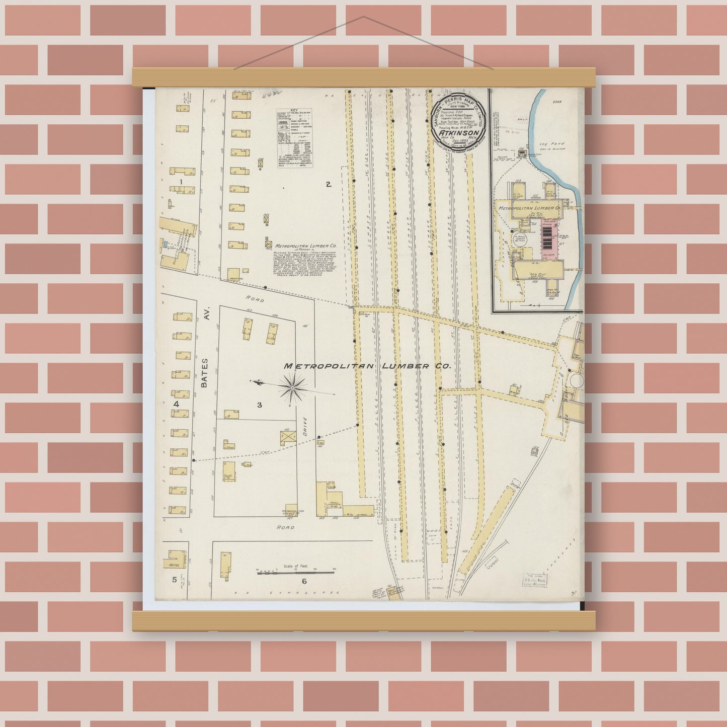 Old map wall art mockup — magnetic wood frame on brick wall — Sanborn Fire Insurance Map from Atkinson, Iron County, Michigan (1893), Sheet #0001