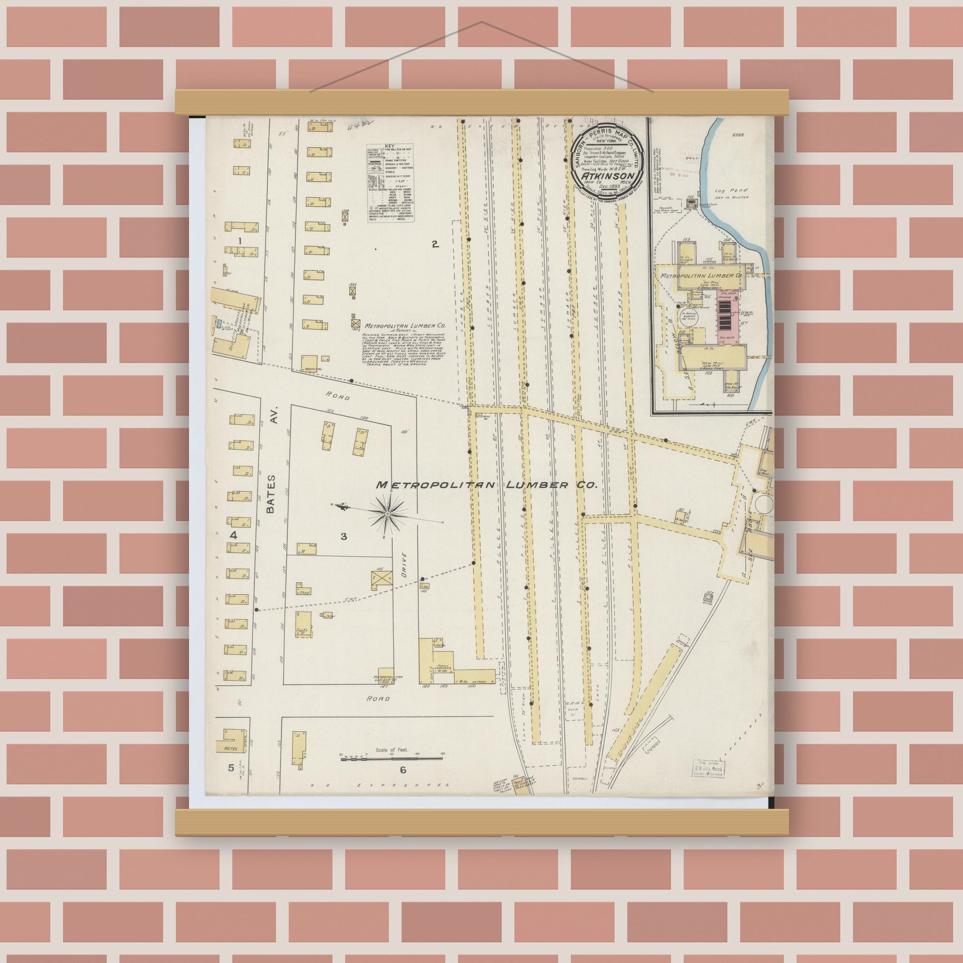 Old map wall art mockup — magnetic wood frame on brick wall — Sanborn Fire Insurance Map from Atkinson, Iron County, Michigan (1893), Sheet #0001