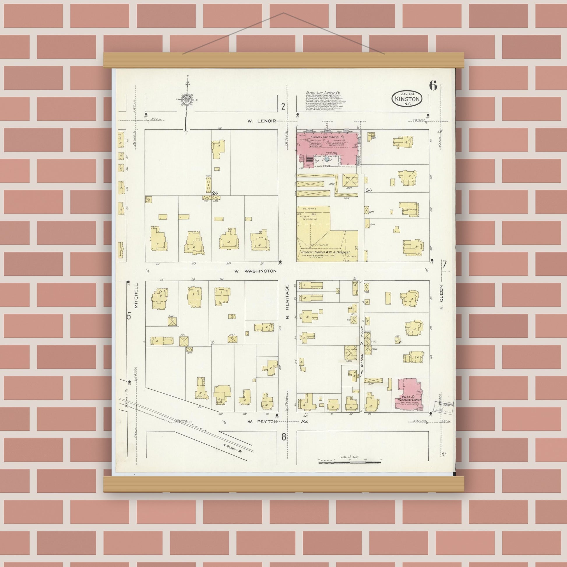 Old map wall art mockup — magnetic wood frame on brick wall — Sanborn Fire Insurance Map from Kinston, Lenoir County, North Carolina (1914), Sheet #0006