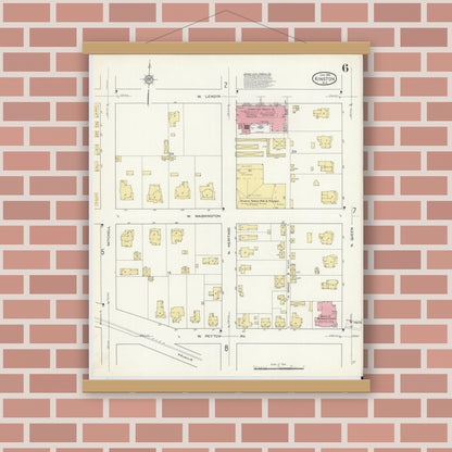 Old map wall art mockup — magnetic wood frame on brick wall — Sanborn Fire Insurance Map from Kinston, Lenoir County, North Carolina (1914), Sheet #0006