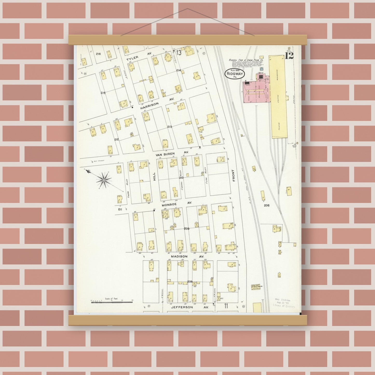 Old map wall art mockup — magnetic wood frame on brick wall — Sanborn Fire Insurance Map from Ridgway, Elk County, Pennsylvania (1909), Sheet #0012