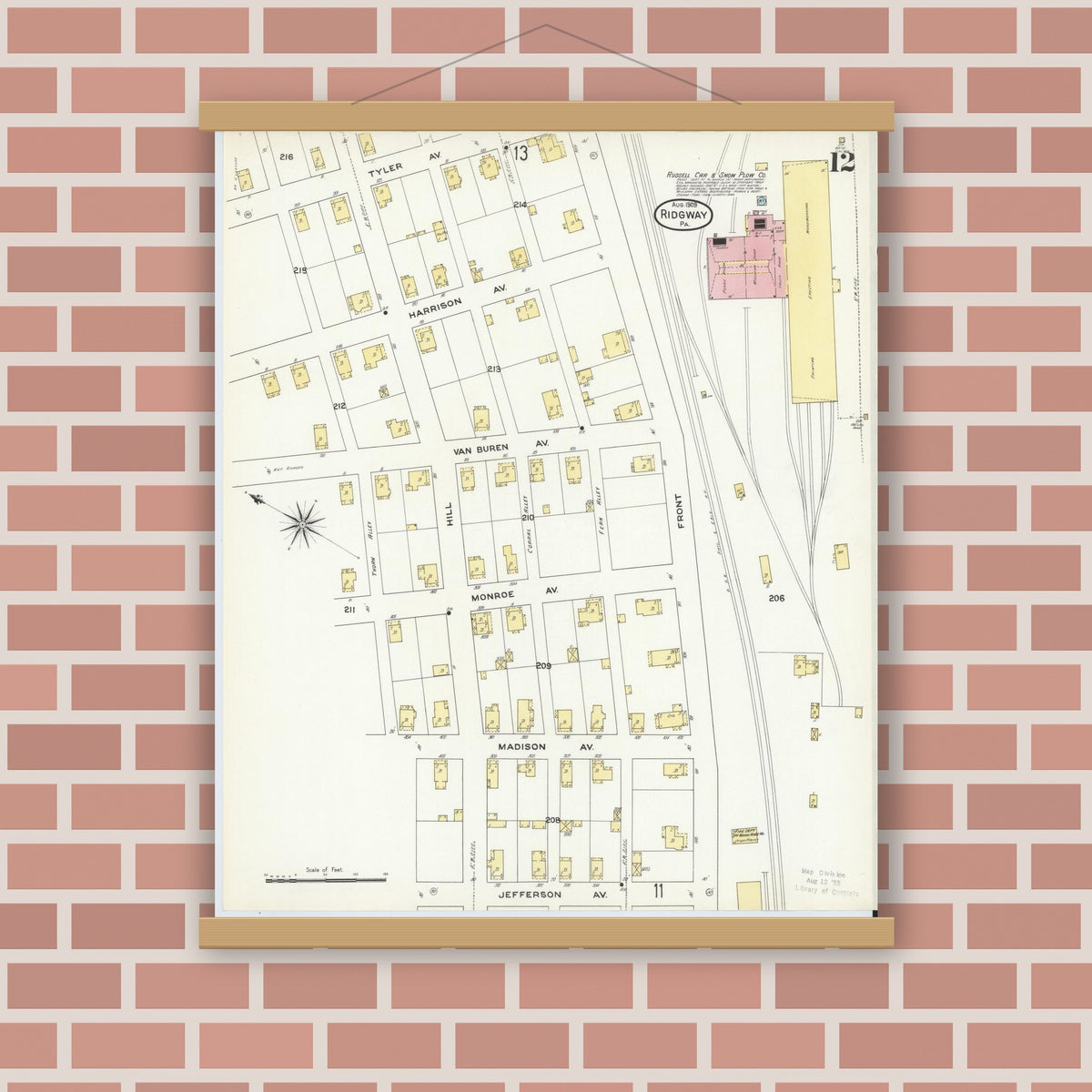 Old map wall art mockup — magnetic wood frame on brick wall — Sanborn Fire Insurance Map from Ridgway, Elk County, Pennsylvania (1909), Sheet #0012