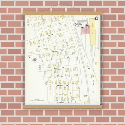 Old map wall art mockup — magnetic wood frame on brick wall — Sanborn Fire Insurance Map from Ridgway, Elk County, Pennsylvania (1909), Sheet #0012