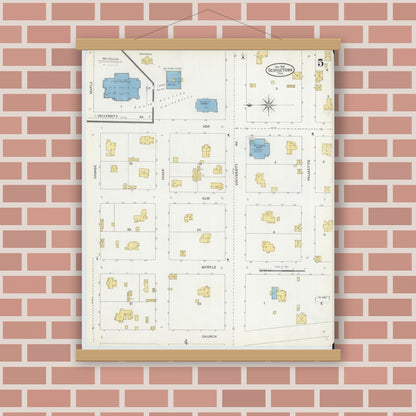 Old map wall art mockup — magnetic wood frame on brick wall — Sanborn Fire Insurance Map from Georgetown, Williamson County, Texas (1905), Sheet #0005