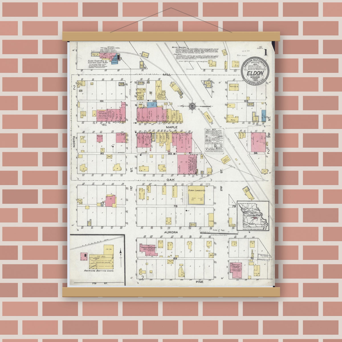 Old map wall art mockup — magnetic wood frame on brick wall — Sanborn Fire Insurance Map from Eldon, Miller County, Missouri (1920) - Complete Map Set
