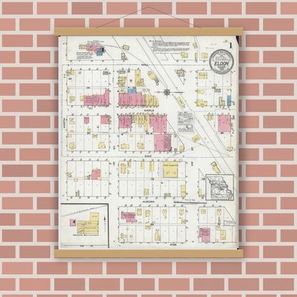Old map wall art mockup — magnetic wood frame on brick wall — Sanborn Fire Insurance Map from Eldon, Miller County, Missouri (1920) - Complete Map Set