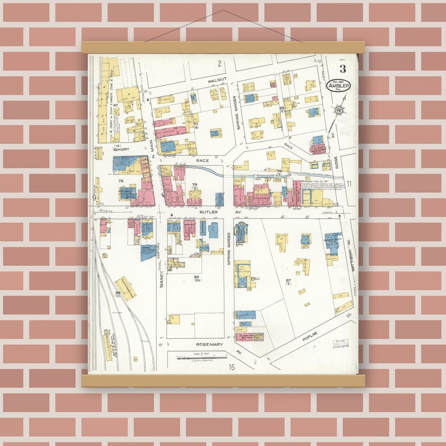 Old map wall art mockup — magnetic wood frame on brick wall — Sanborn Fire Insurance Map from Ambler, Montgomery County, Pennsylvania (1921), Sheet #0003