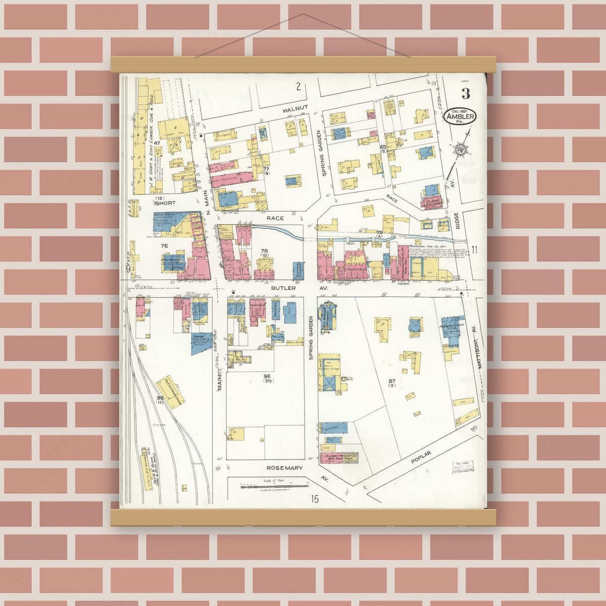 Old map wall art mockup — magnetic wood frame on brick wall — Sanborn Fire Insurance Map from Ambler, Montgomery County, Pennsylvania (1921), Sheet #0003