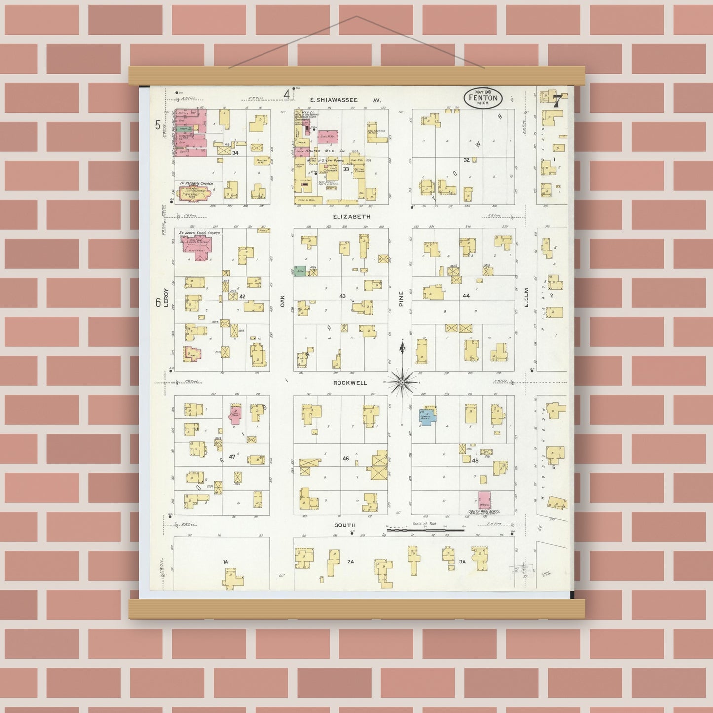 Old map wall art mockup — magnetic wood frame on brick wall — Sanborn Fire Insurance Map from Fenton, Genesee County, Michigan (1908), Sheet #0007