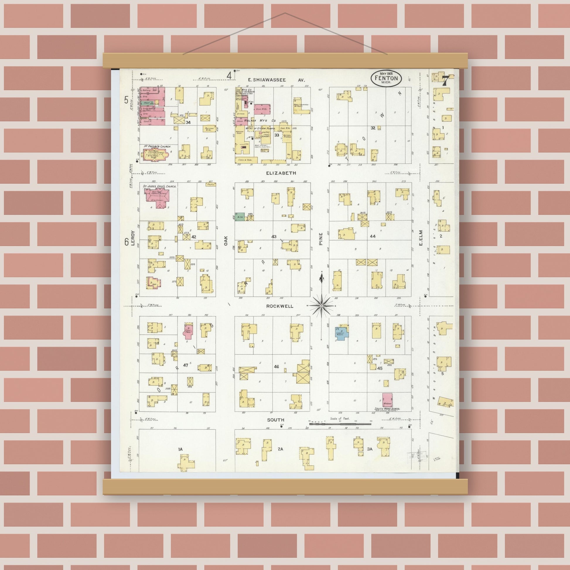 Old map wall art mockup — magnetic wood frame on brick wall — Sanborn Fire Insurance Map from Fenton, Genesee County, Michigan (1908), Sheet #0007