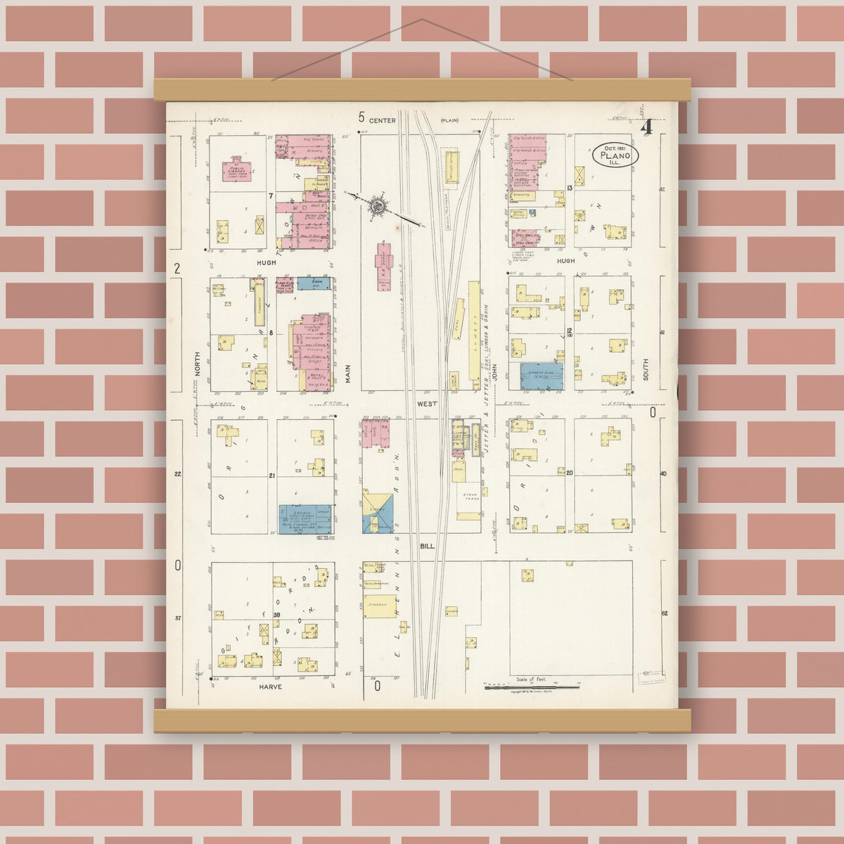 Old map wall art mockup — magnetic wood frame on brick wall — Sanborn Fire Insurance Map from Plano, Kendall County, Illinois (1921), Sheet #0004