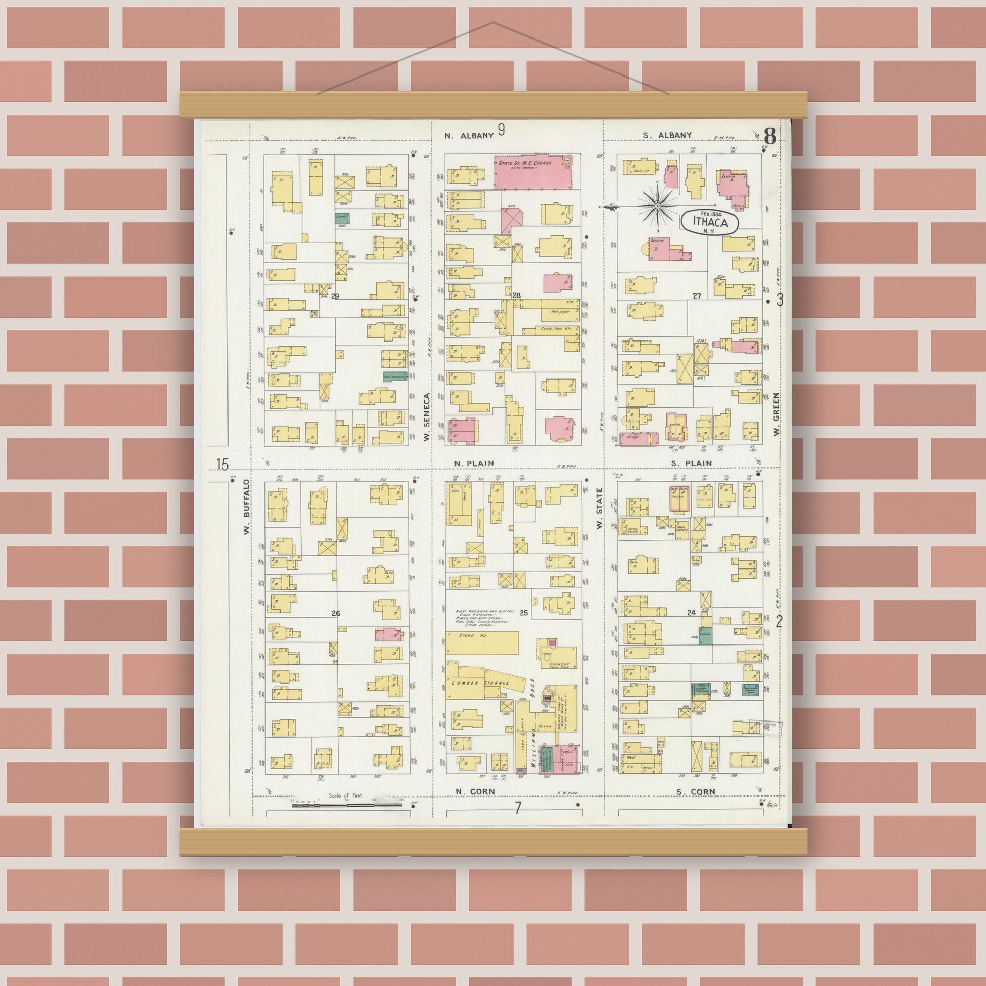 Old map wall art mockup — magnetic wood frame on brick wall — Sanborn Fire Insurance Map from Ithaca, Tompkins County, New York (1904), Sheet #0008