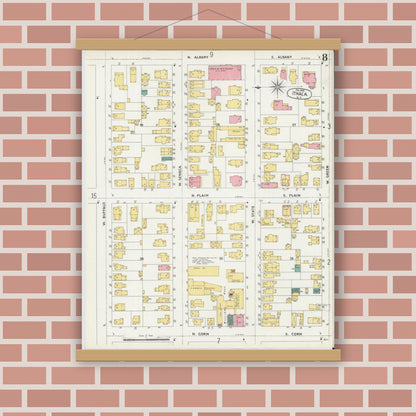 Old map wall art mockup — magnetic wood frame on brick wall — Sanborn Fire Insurance Map from Ithaca, Tompkins County, New York (1904), Sheet #0008