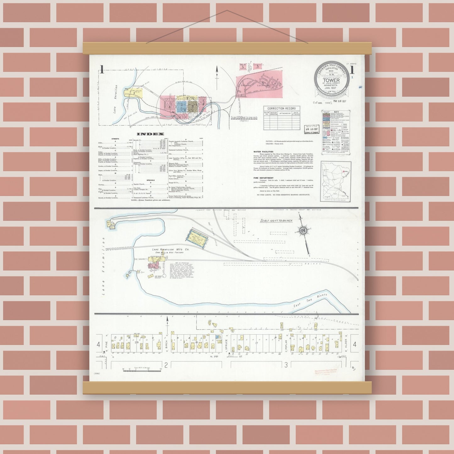 Old map wall art mockup — magnetic wood frame on brick wall — Sanborn Fire Insurance Map from Tower, Saint Louis County, Minnesota (1937) - Complete Map Set