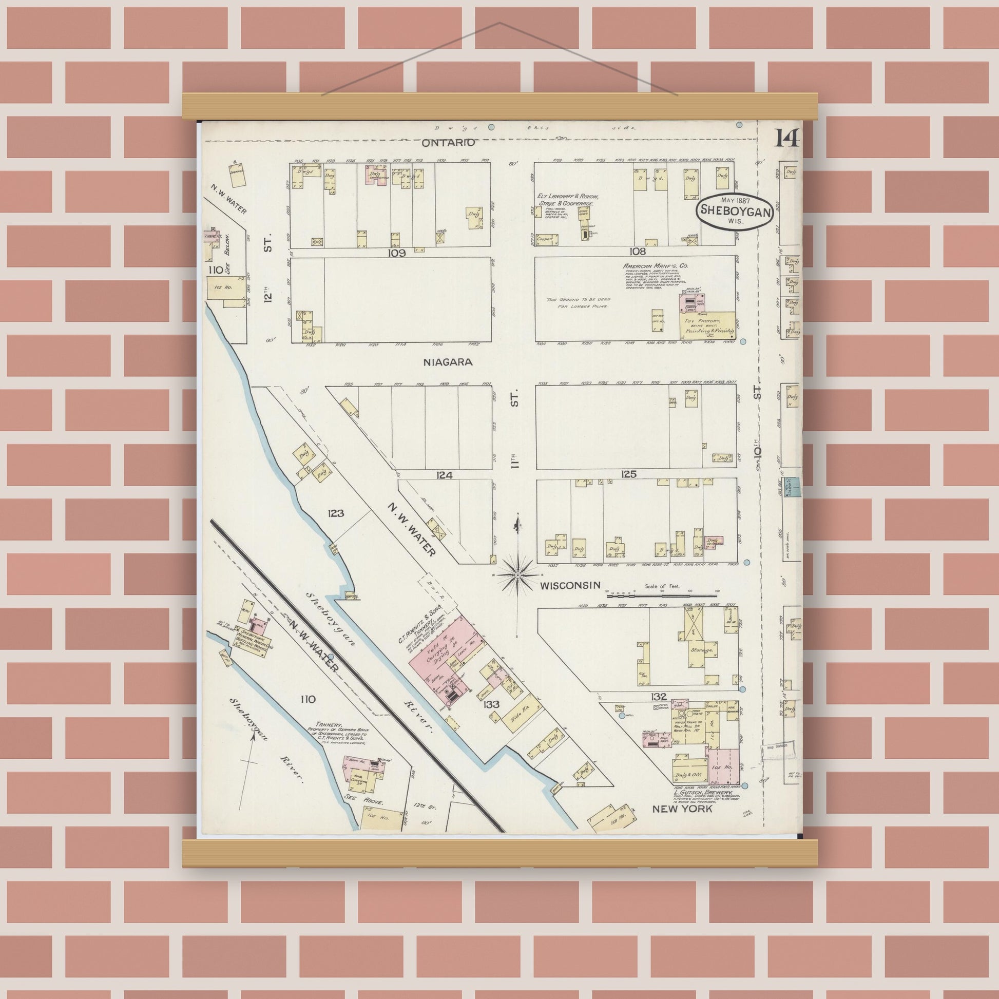 Old map wall art mockup — magnetic wood frame on brick wall — Sanborn Fire Insurance Map from Sheboygan, Sheboygan County, Wisconsin (1887), Sheet #0014