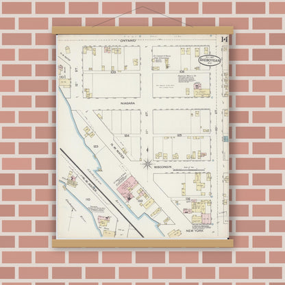 Old map wall art mockup — magnetic wood frame on brick wall — Sanborn Fire Insurance Map from Sheboygan, Sheboygan County, Wisconsin (1887), Sheet #0014