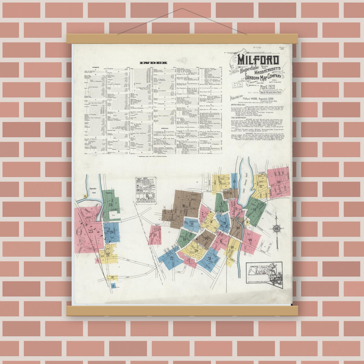 Old map wall art mockup — magnetic wood frame on brick wall — Sanborn Fire Insurance Map from Milford, Worcester County, Massachusetts (1920) - Complete Map Set