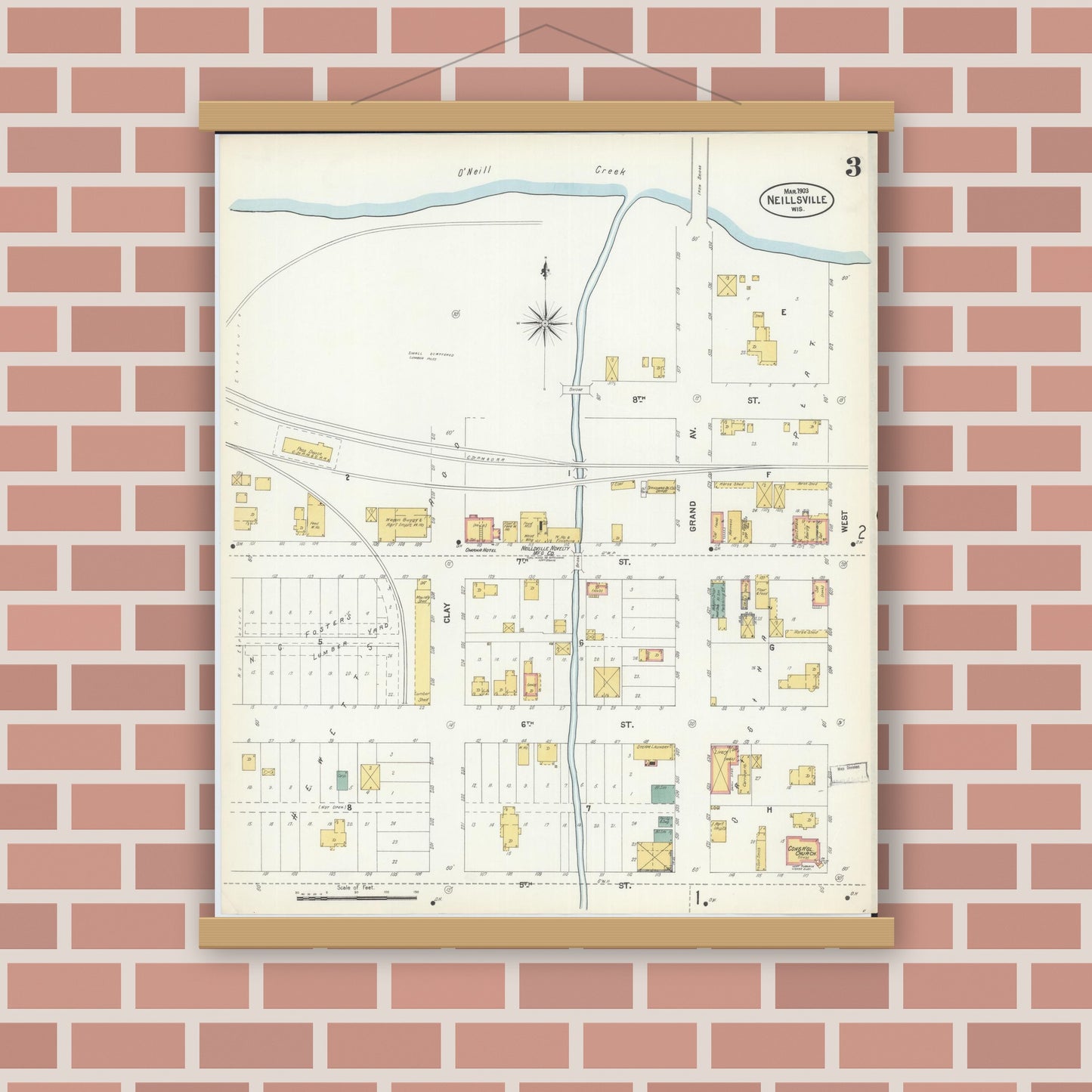 Old map wall art mockup — magnetic wood frame on brick wall — Sanborn Fire Insurance Map from Neillsville, Clark County, Wisconsin (1903), Sheet #0003