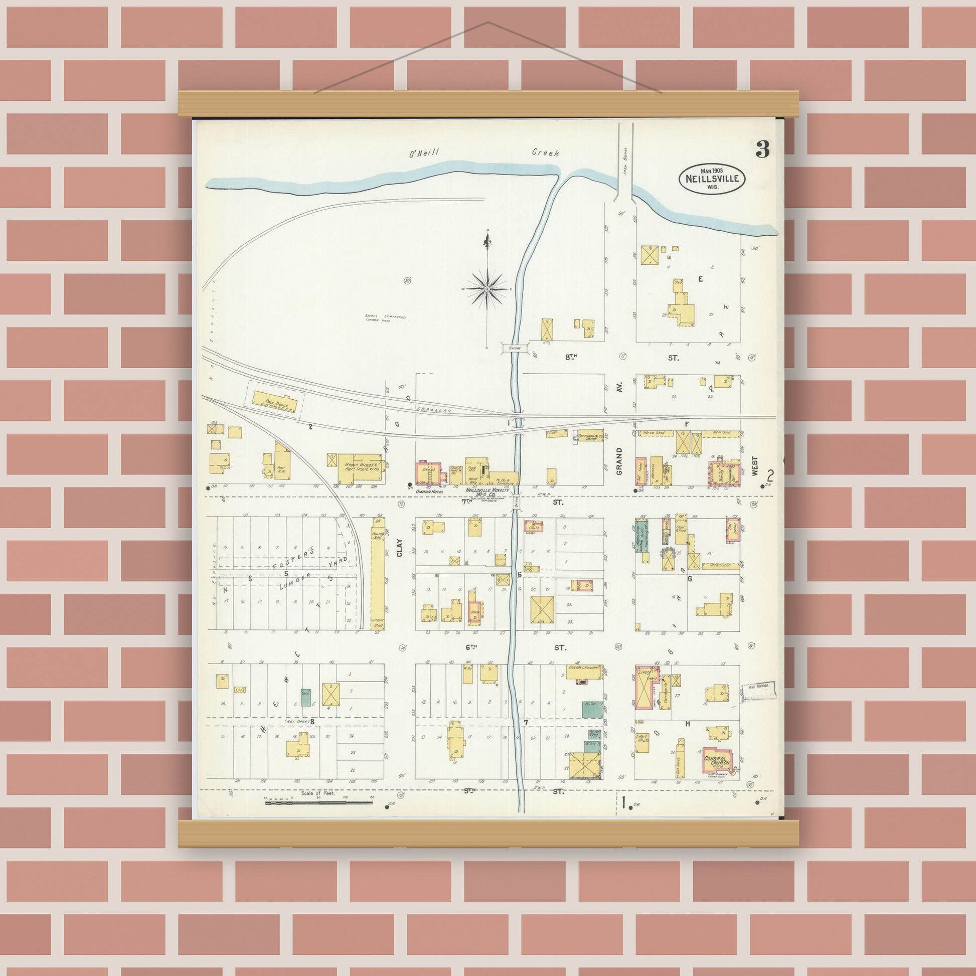 Old map wall art mockup — magnetic wood frame on brick wall — Sanborn Fire Insurance Map from Neillsville, Clark County, Wisconsin (1903), Sheet #0003