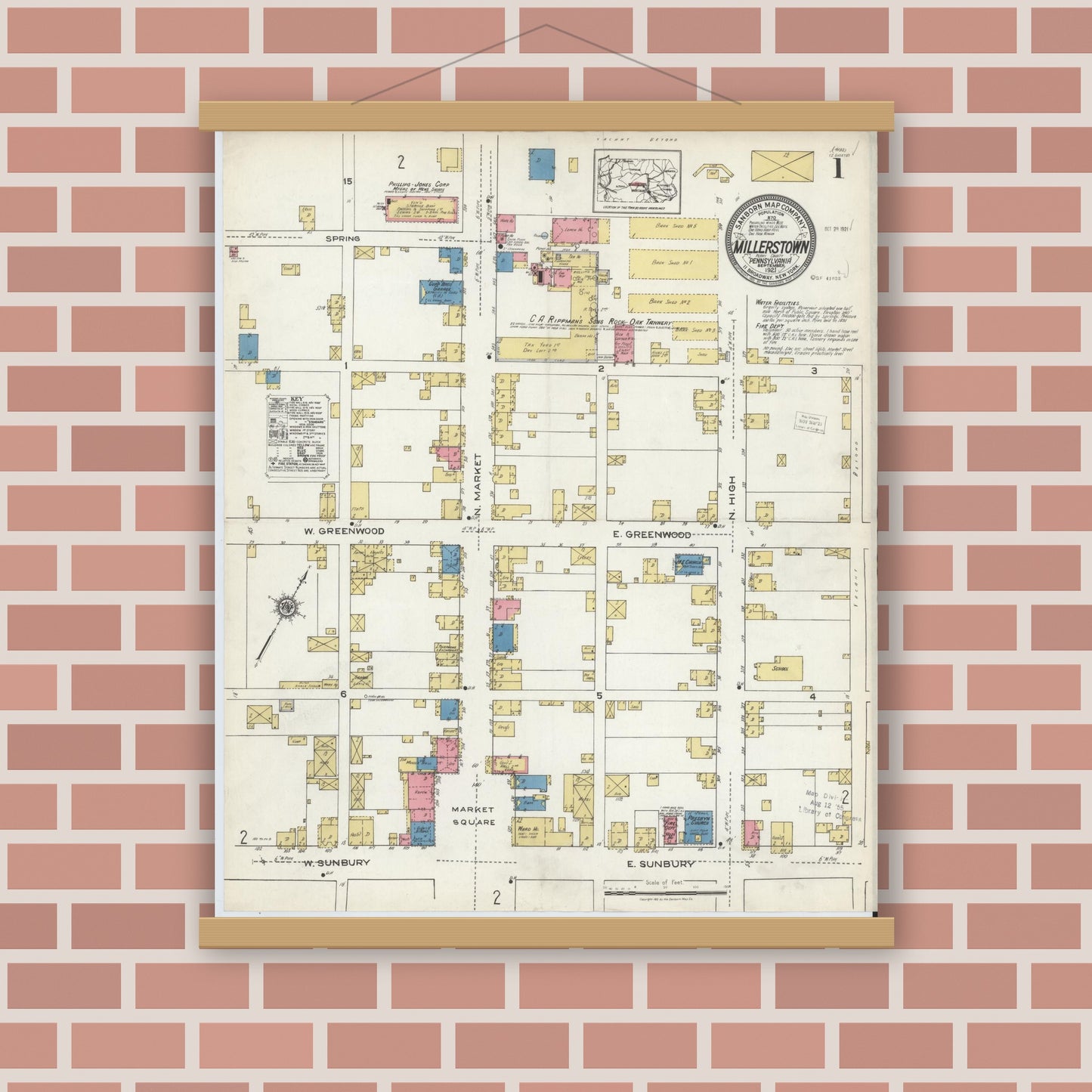 Old map wall art mockup — magnetic wood frame on brick wall — Sanborn Fire Insurance Map from Millerstown, Perry County, Pennsylvania (1921), Sheet #0001