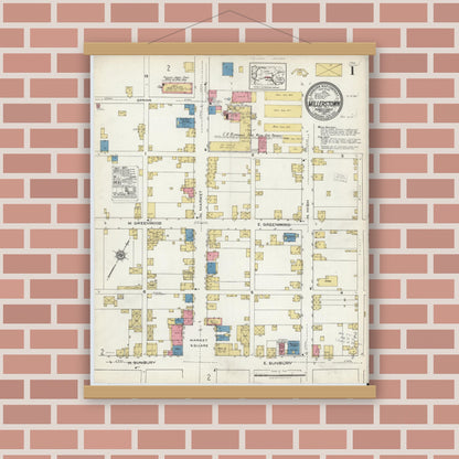 Old map wall art mockup — magnetic wood frame on brick wall — Sanborn Fire Insurance Map from Millerstown, Perry County, Pennsylvania (1921), Sheet #0001