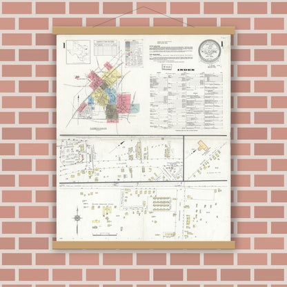Old map wall art mockup — magnetic wood frame on brick wall — Sanborn Fire Insurance Map from Kilgore, Gregg County, Texas (1936), Sheet #0001