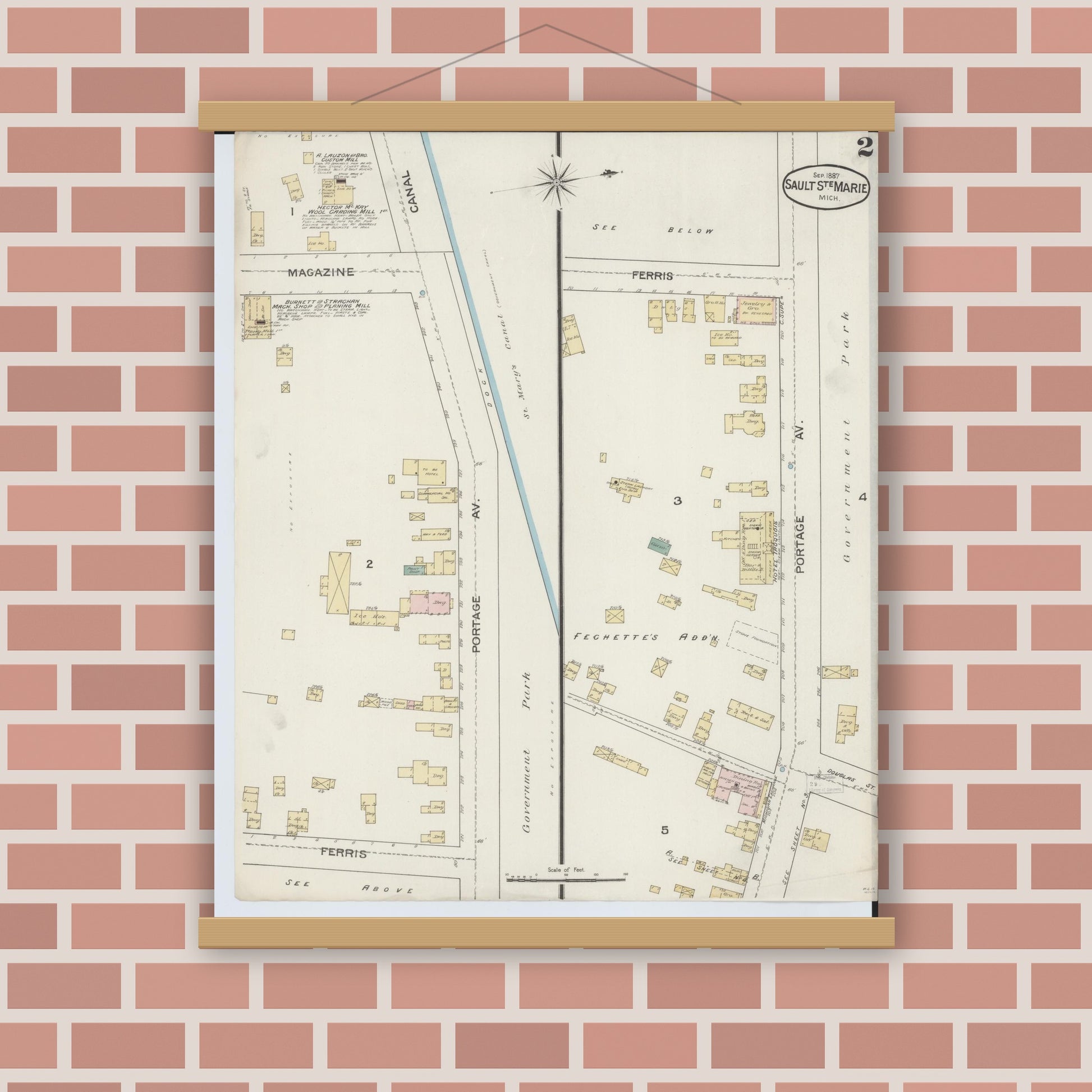 Old map wall art mockup — magnetic wood frame on brick wall — Sanborn Fire Insurance Map from Sault Sainte Marie, Chippewa County, Michigan (1887), Sheet #0002