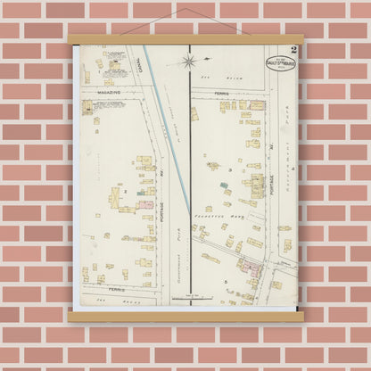 Old map wall art mockup — magnetic wood frame on brick wall — Sanborn Fire Insurance Map from Sault Sainte Marie, Chippewa County, Michigan (1887), Sheet #0002