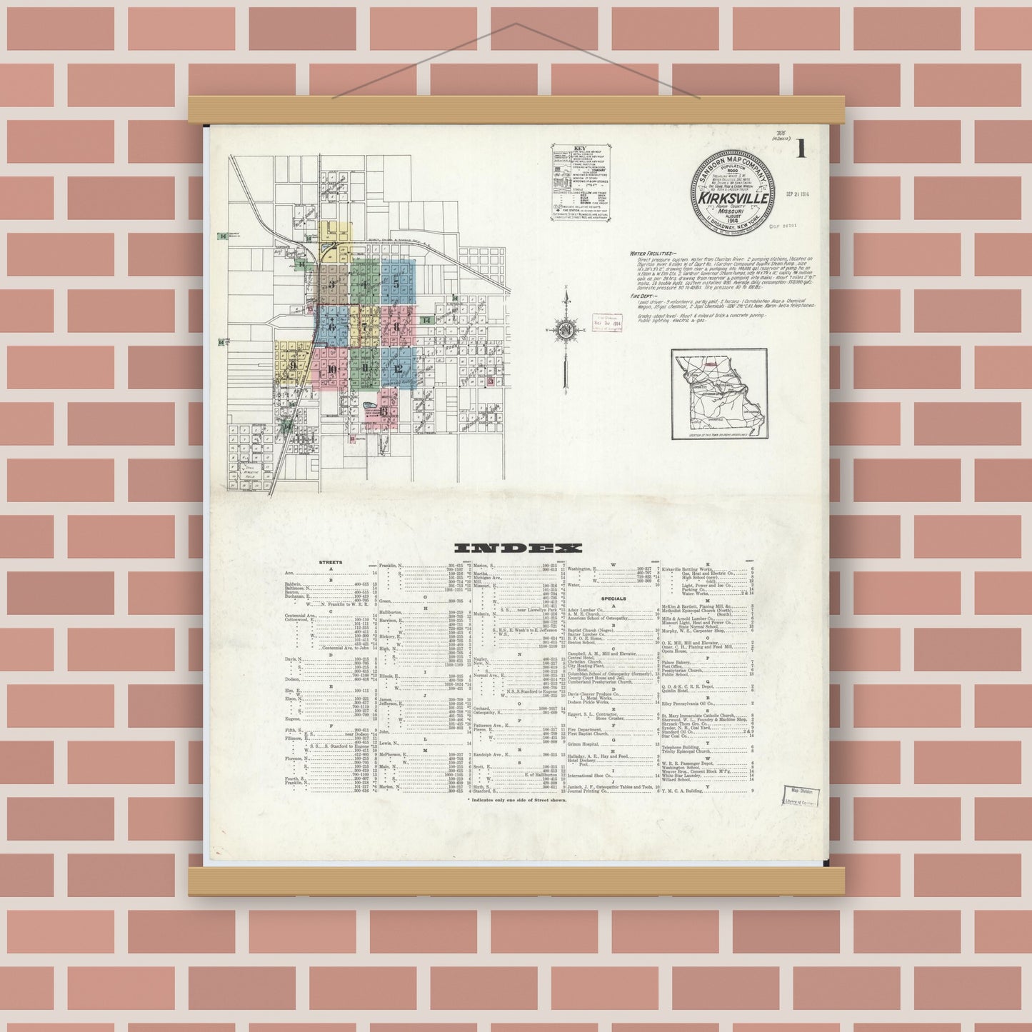 Old map wall art mockup — magnetic wood frame on brick wall — Sanborn Fire Insurance Map from Kirksville, Adair County, Missouri (1914) - Complete Map Set