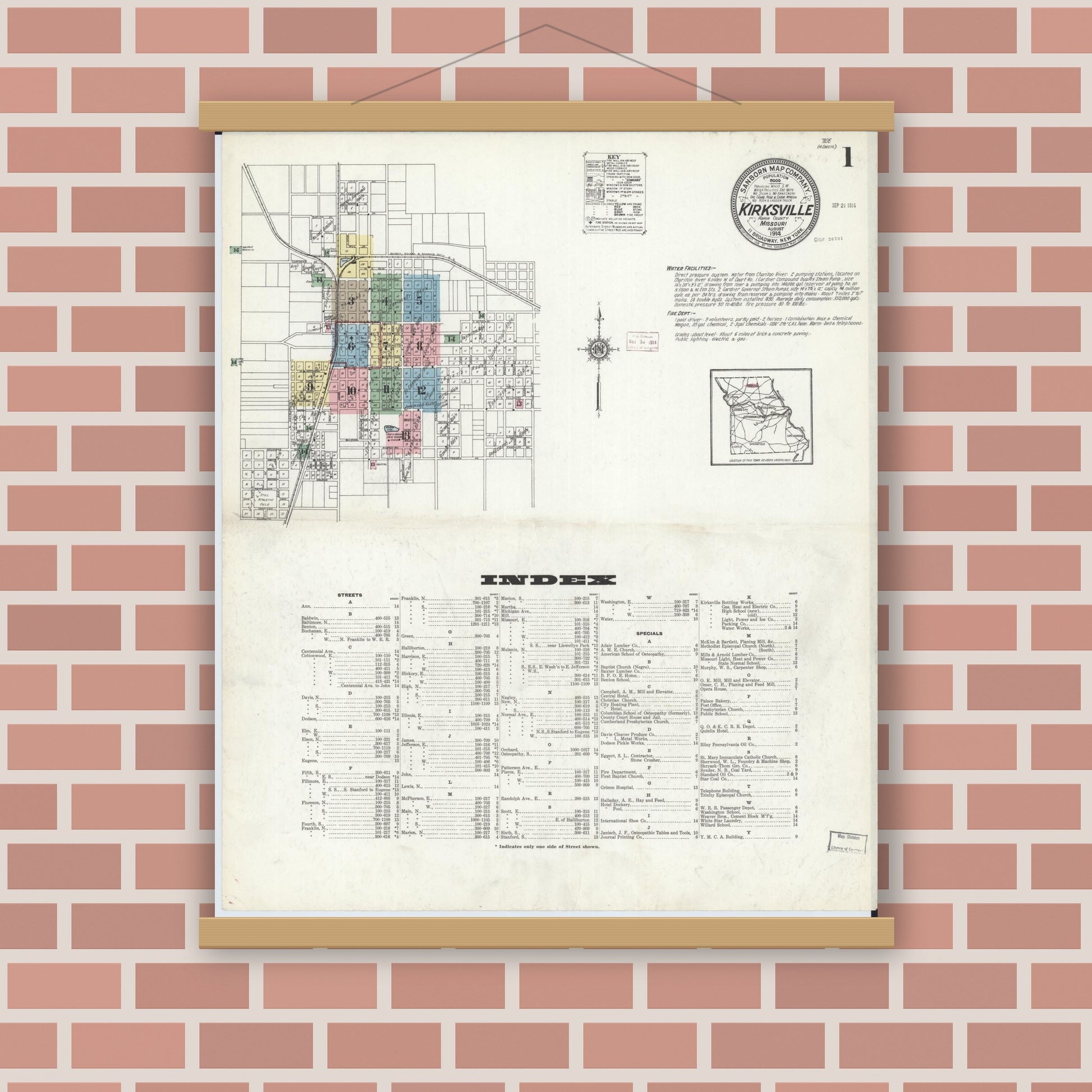 Old map wall art mockup — magnetic wood frame on brick wall — Sanborn Fire Insurance Map from Kirksville, Adair County, Missouri (1914) - Complete Map Set