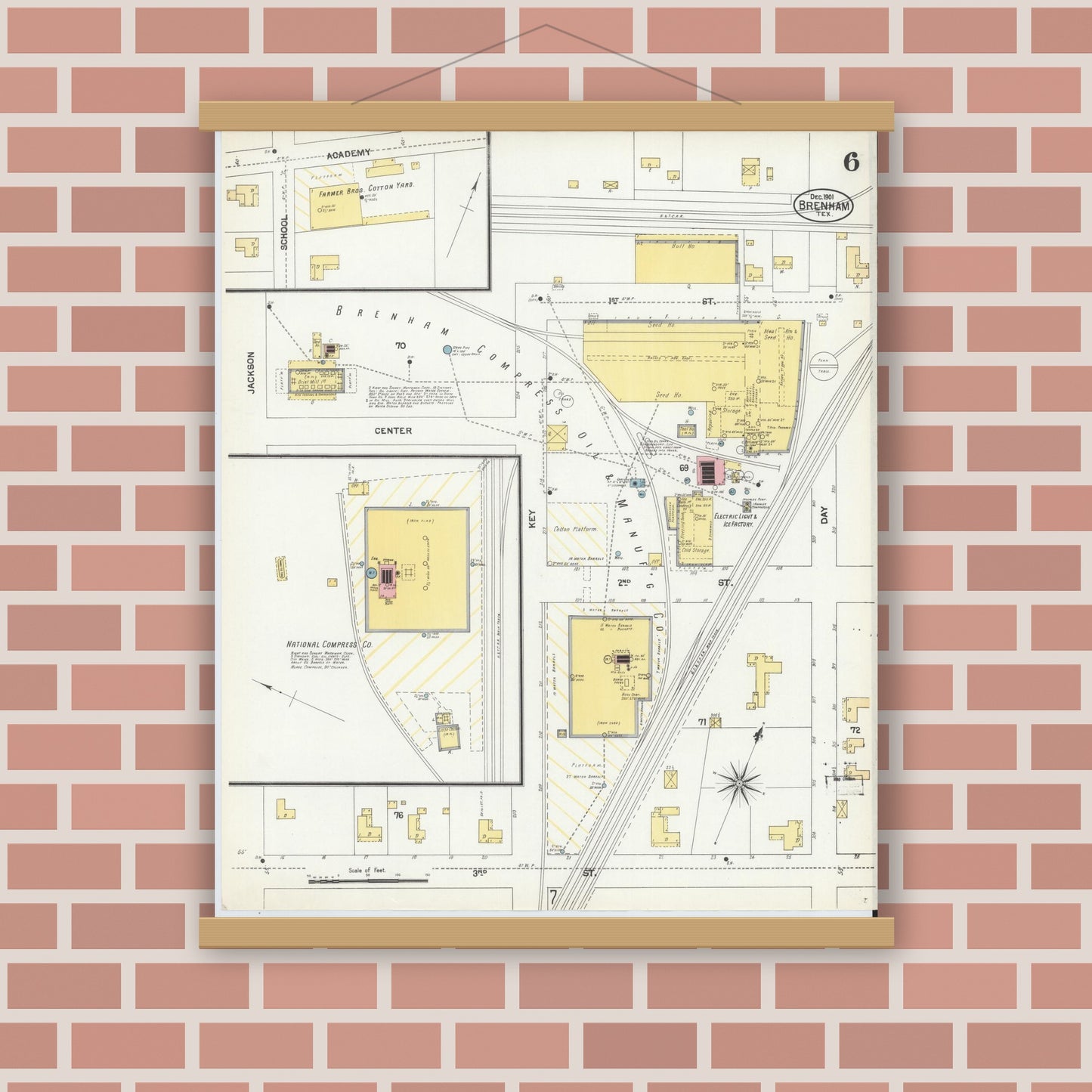 Old map wall art mockup — magnetic wood frame on brick wall — Sanborn Fire Insurance Map from Brenham, Washington County, Texas (1901), Sheet #0006