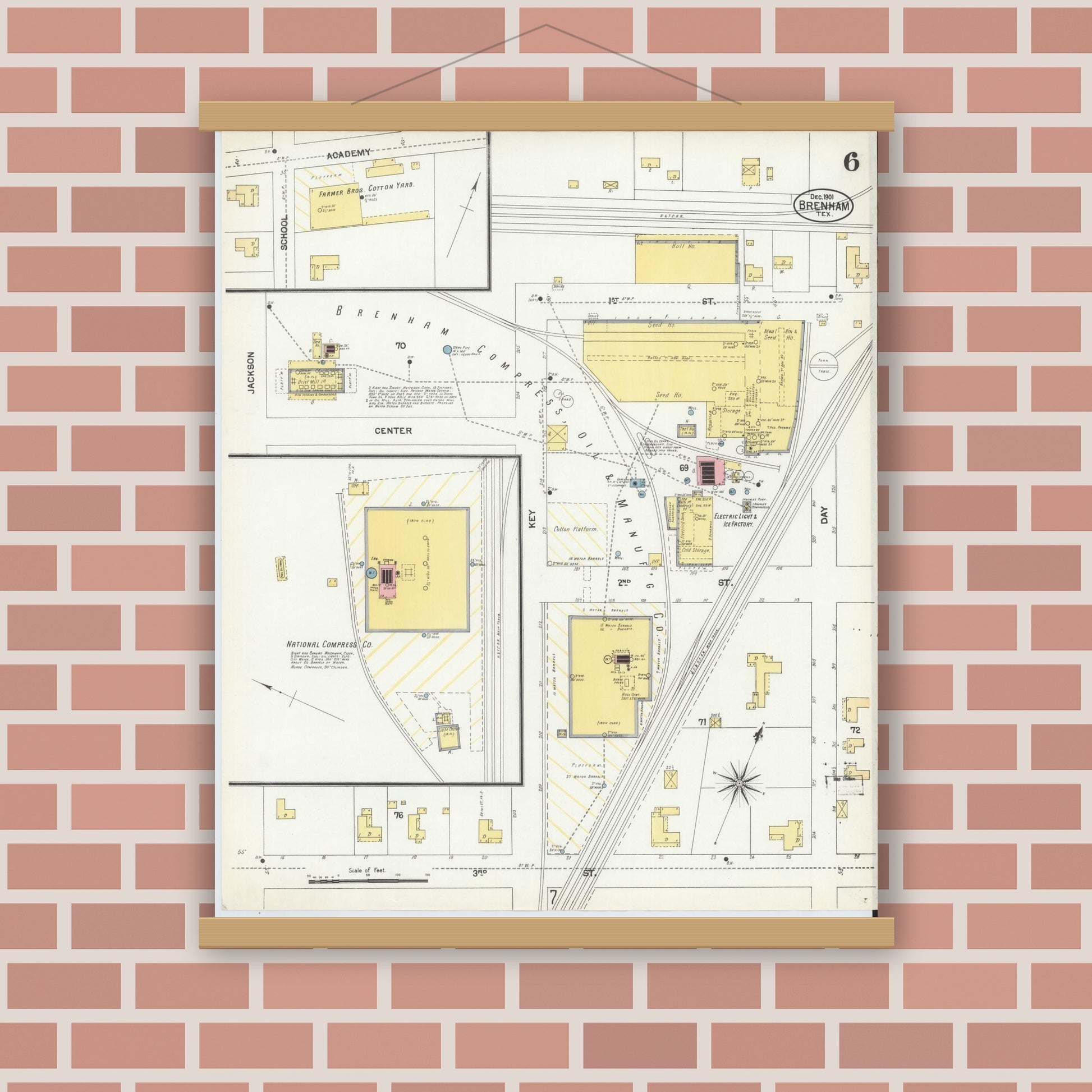 Old map wall art mockup — magnetic wood frame on brick wall — Sanborn Fire Insurance Map from Brenham, Washington County, Texas (1901), Sheet #0006