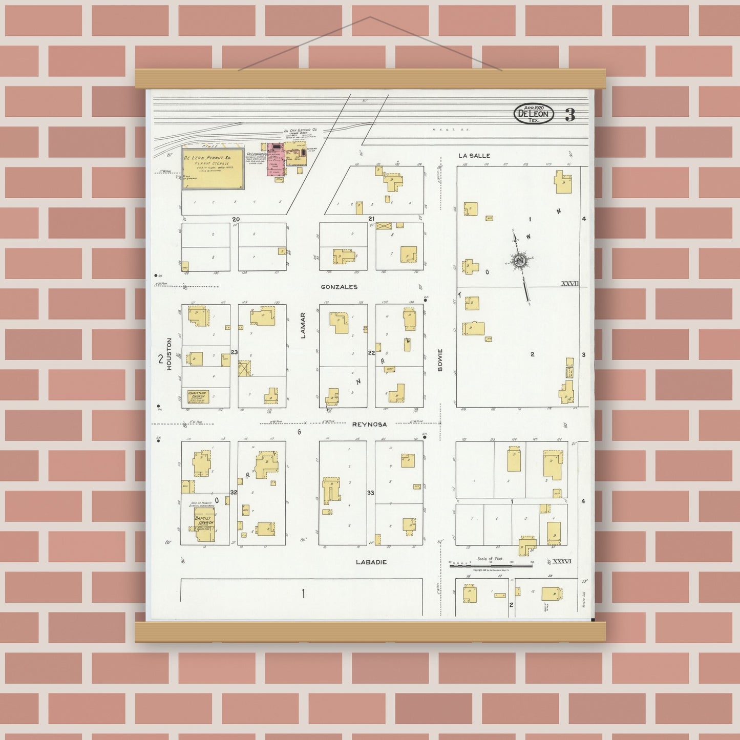 Old map wall art mockup — magnetic wood frame on brick wall — Sanborn Fire Insurance Map from De Leon, Comanche County, Texas (1920), Sheet #0003