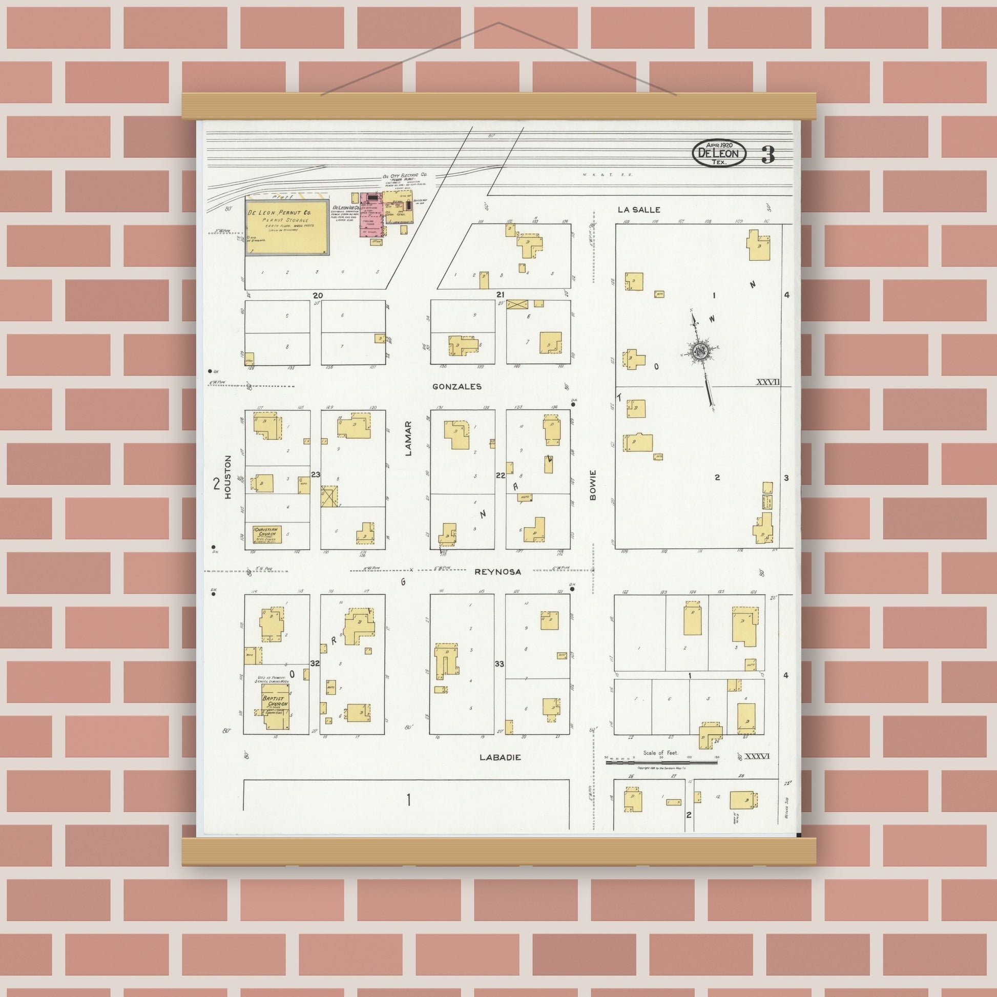 Old map wall art mockup — magnetic wood frame on brick wall — Sanborn Fire Insurance Map from De Leon, Comanche County, Texas (1920), Sheet #0003