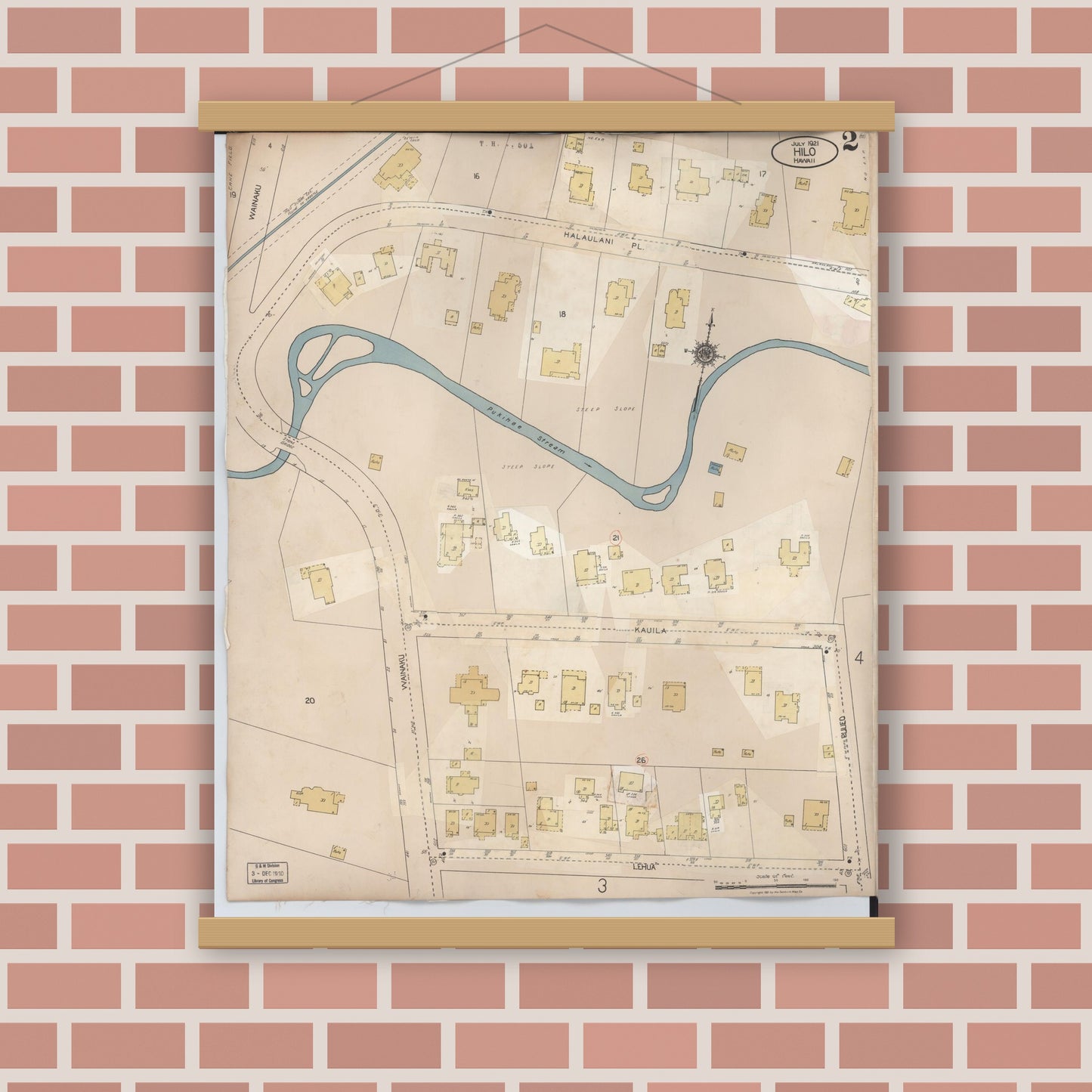 Old map wall art mockup — magnetic wood frame on brick wall — Sanborn Fire Insurance Map from Hilo, Hawaii County, Hawaii (1957), Sheet #0002