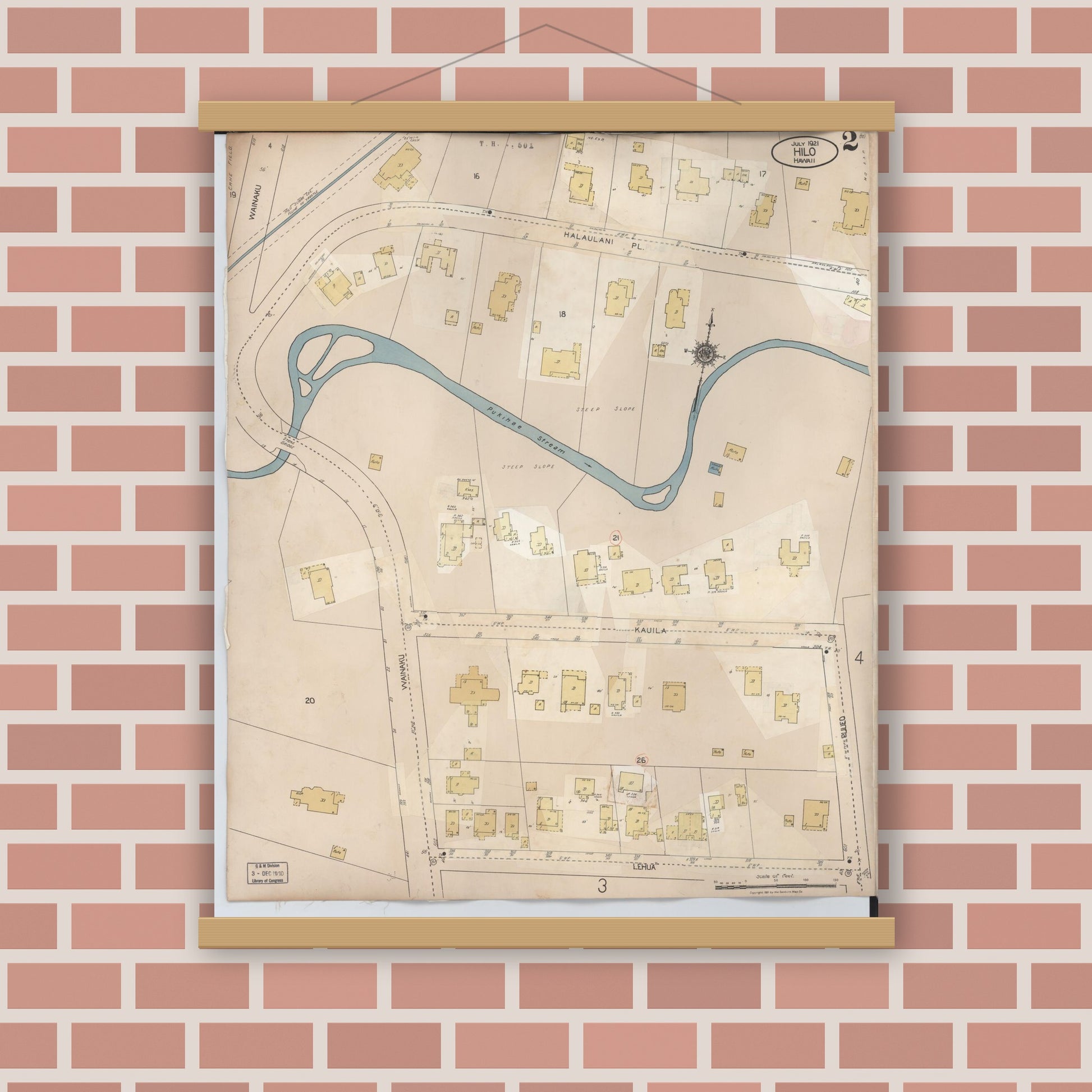 Old map wall art mockup — magnetic wood frame on brick wall — Sanborn Fire Insurance Map from Hilo, Hawaii County, Hawaii (1957), Sheet #0002