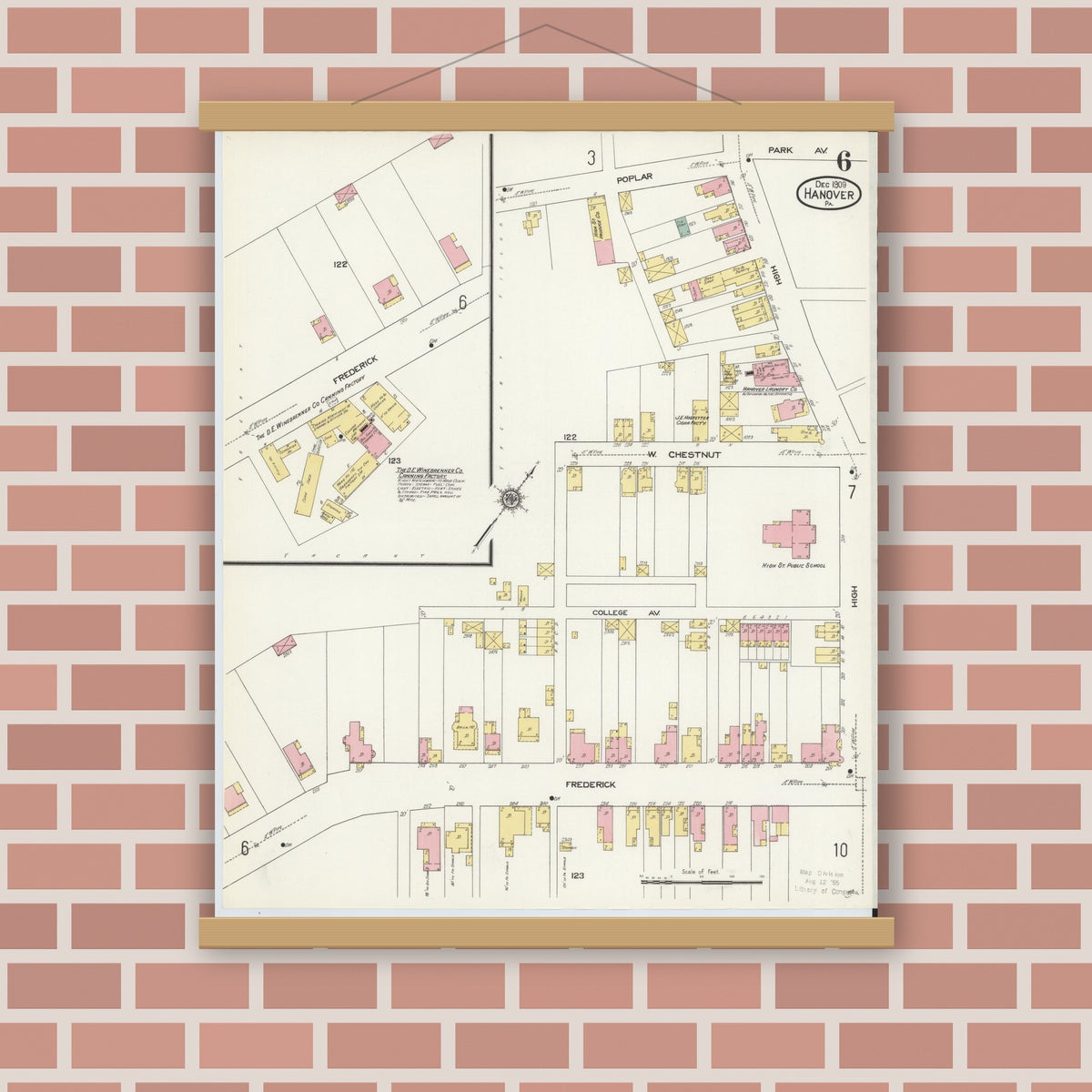 Old map wall art mockup — magnetic wood frame on brick wall — Sanborn Fire Insurance Map from Hanover, York County, Pennsylvania (1909), Sheet #0006