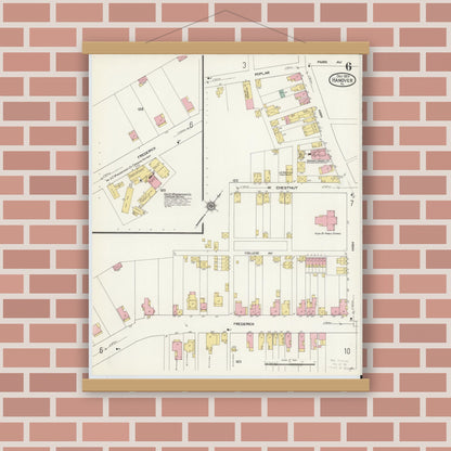 Old map wall art mockup — magnetic wood frame on brick wall — Sanborn Fire Insurance Map from Hanover, York County, Pennsylvania (1909), Sheet #0006