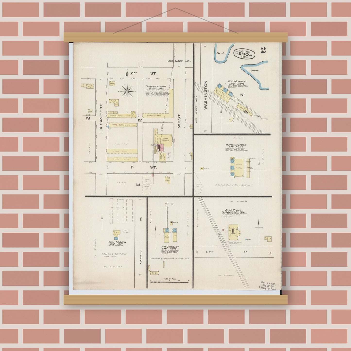 Old map wall art mockup — magnetic wood frame on brick wall — Sanborn Fire Insurance Map from Genoa, Ottawa County, Ohio (1885), Sheet #0002