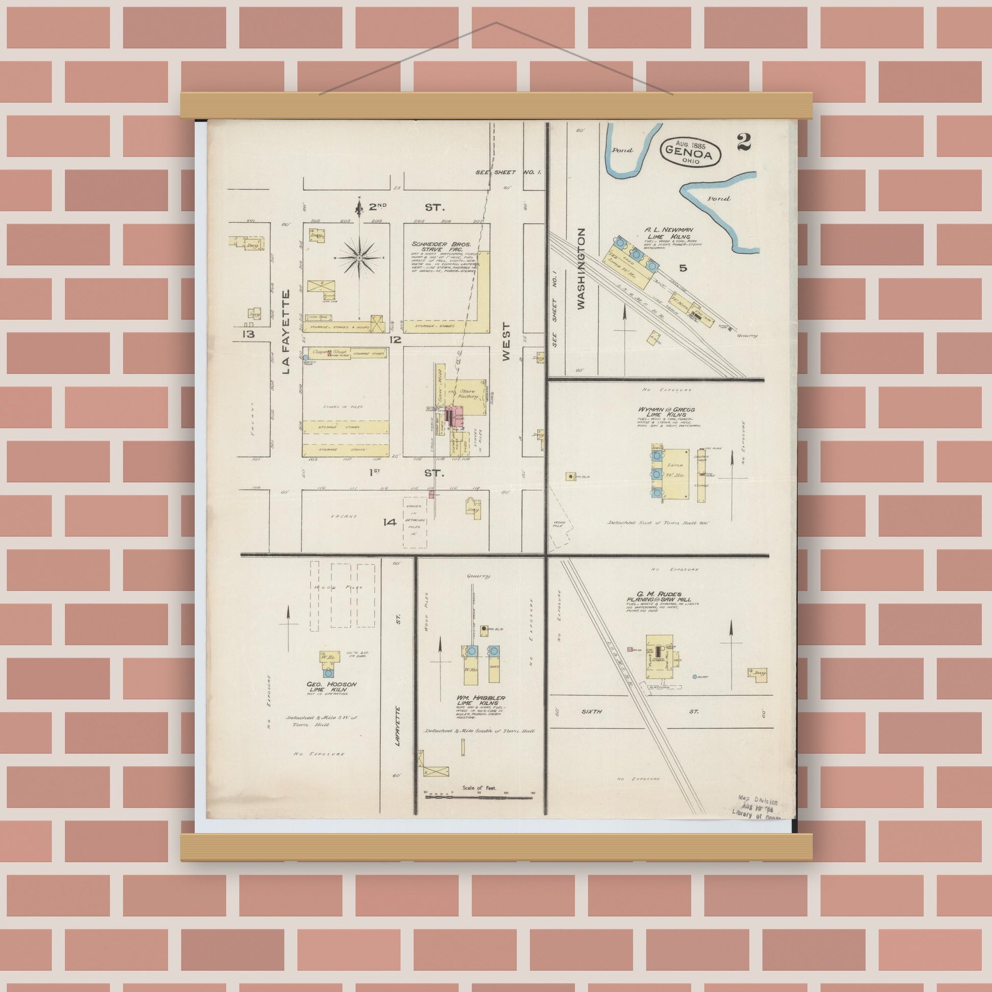 Old map wall art mockup — magnetic wood frame on brick wall — Sanborn Fire Insurance Map from Genoa, Ottawa County, Ohio (1885), Sheet #0002
