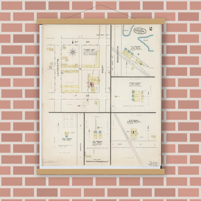 Old map wall art mockup — magnetic wood frame on brick wall — Sanborn Fire Insurance Map from Genoa, Ottawa County, Ohio (1885), Sheet #0002
