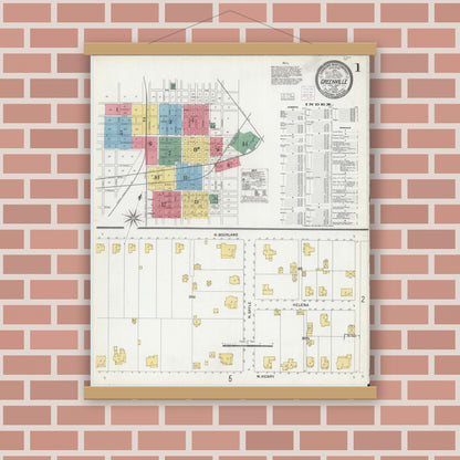 Old map wall art mockup — magnetic wood frame on brick wall — Sanborn Fire Insurance Map from Greenville, Hunt County, Texas (1903) - Complete Map Set