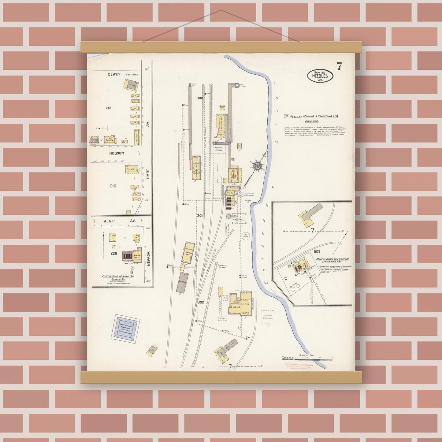 Old map wall art mockup — magnetic wood frame on brick wall — Sanborn Fire Insurance Map from Needles, San Bernardino County, California (1910), Sheet #0007