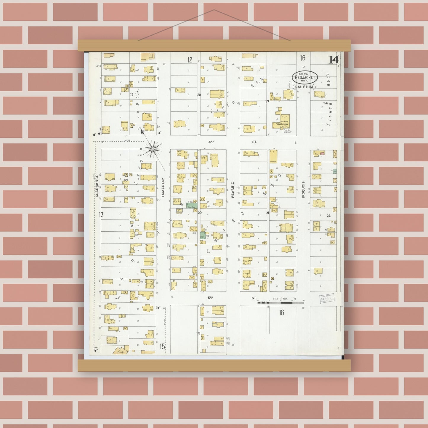 Old map wall art mockup — magnetic wood frame on brick wall — Sanborn Fire Insurance Map from Red Jacket, Houghton County, Michigan (1900), Sheet #0014