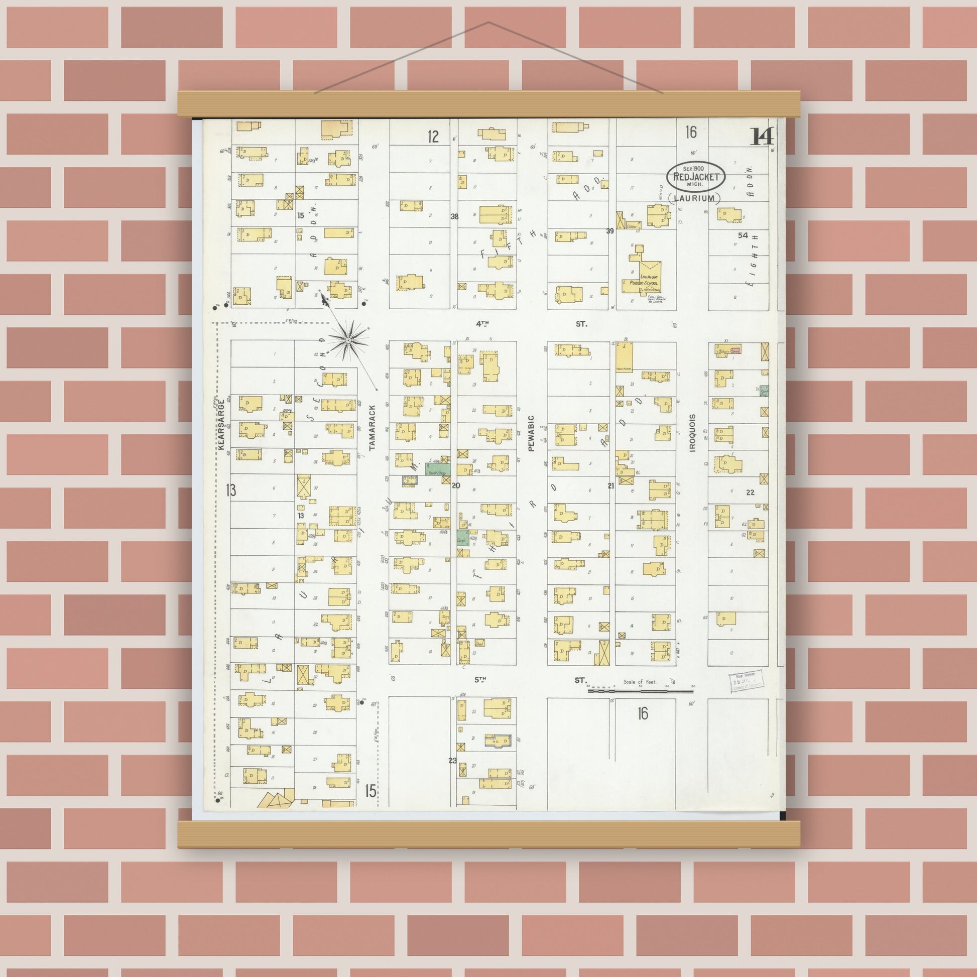 Old map wall art mockup — magnetic wood frame on brick wall — Sanborn Fire Insurance Map from Red Jacket, Houghton County, Michigan (1900), Sheet #0014