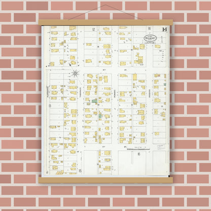 Old map wall art mockup — magnetic wood frame on brick wall — Sanborn Fire Insurance Map from Red Jacket, Houghton County, Michigan (1900), Sheet #0014