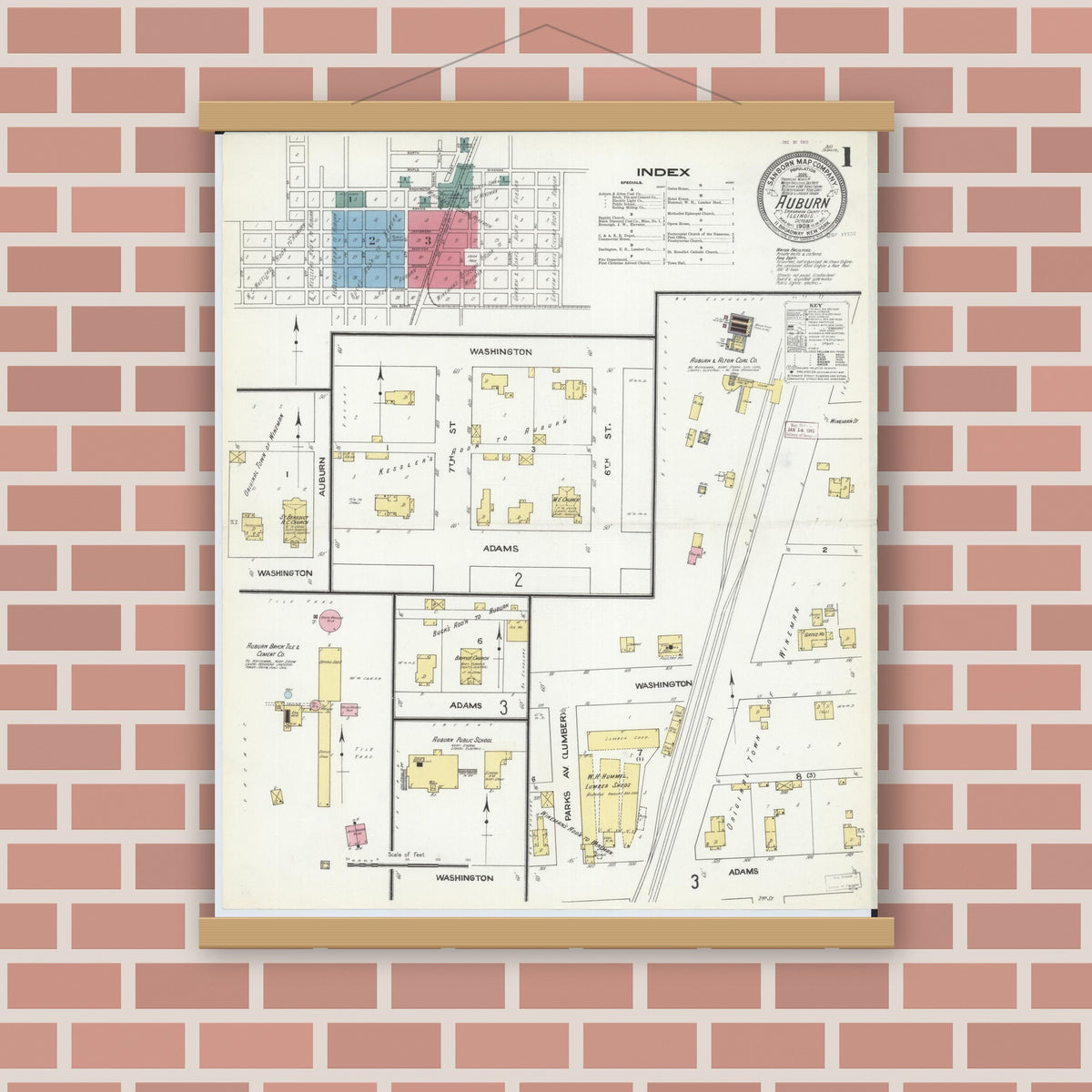 Old map wall art mockup — magnetic wood frame on brick wall — Sanborn Fire Insurance Map from Auburn, Sangamon County, Illinois (1909) - Complete Map Set