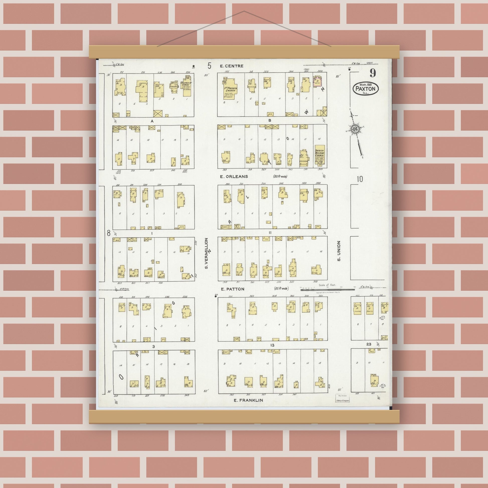 Old map wall art mockup — magnetic wood frame on brick wall — Sanborn Fire Insurance Map from Paxton, Ford County, Illinois (1921), Sheet #0009